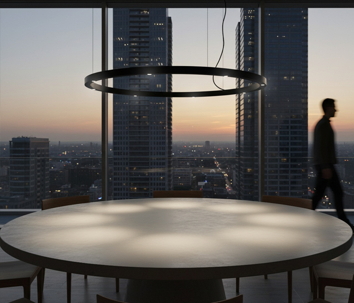 Lampara circular TR Spot con focos integrados para luz focal sobre la mesa. Diseño de Josep Lluís Xuclà