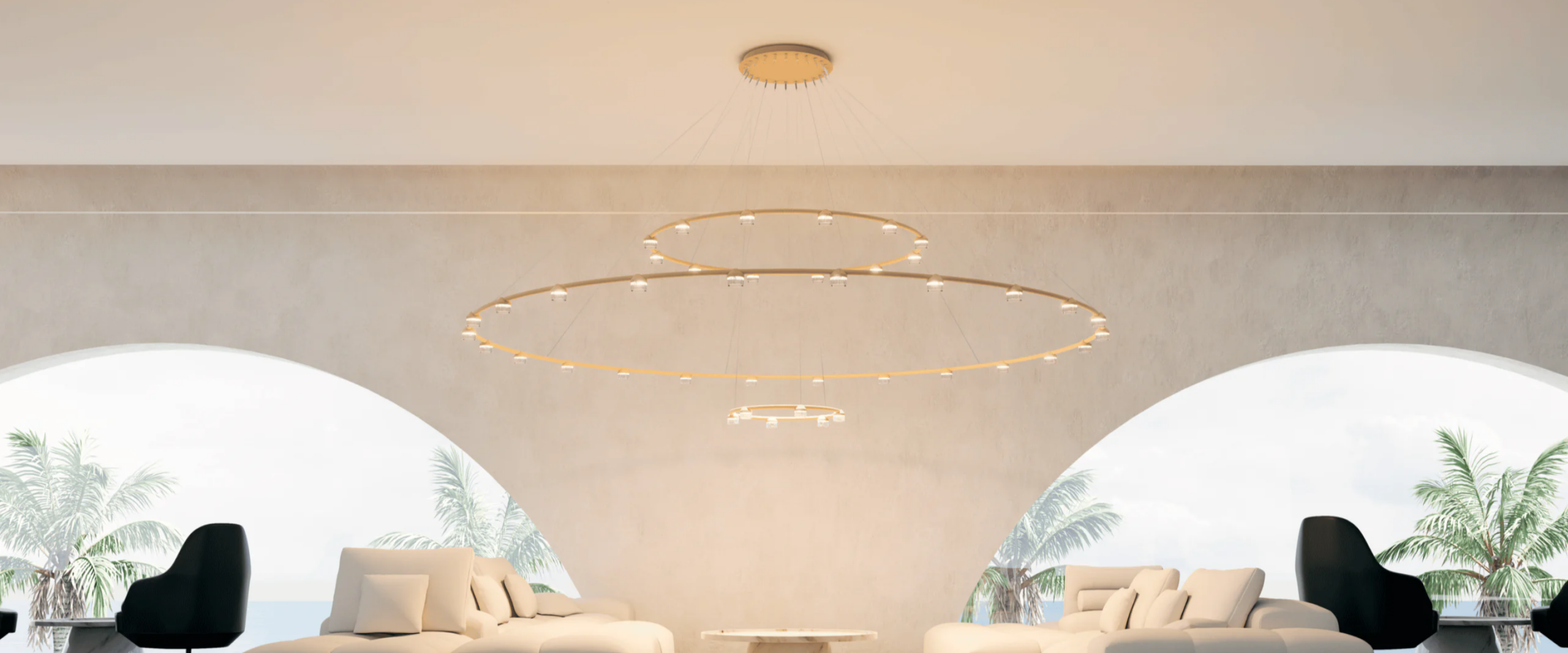 Luminaria de suspensiรณn flotante con focos para grandes especios diseรฑada por GCA Architects. Insolit Dew